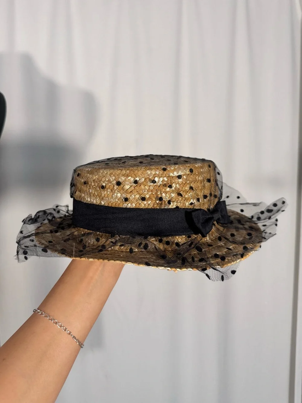 Vintage Style Polka Dot Tulle Straw Hat